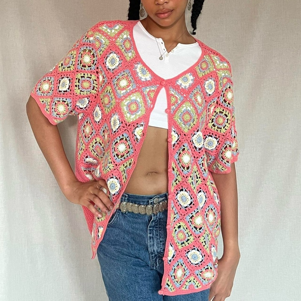 Vintage pink crochet short sleeve cardigan, BFA classics, Sz. 1X - Picture 8 of 8